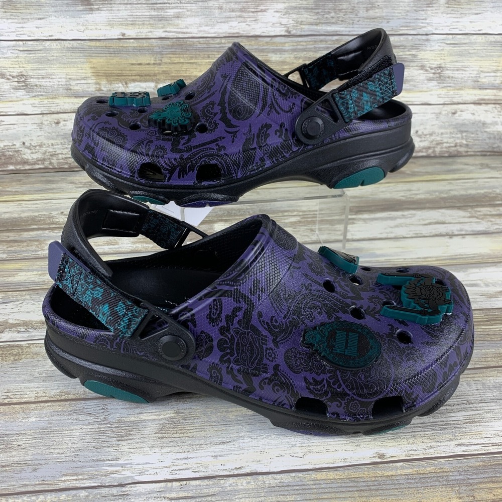 Disney Haunted Mansion CROCS Shoes Womens 7 Mens 5 Purple Black Wallpaper Clogs‎